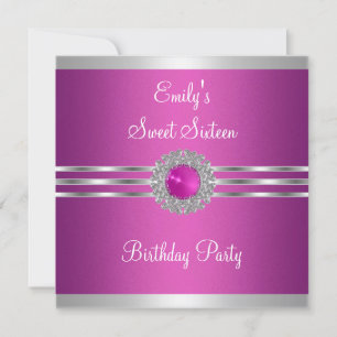 Invitación Cumpleaños Dulces Dieciséis 16 Fuschia Plata Joya