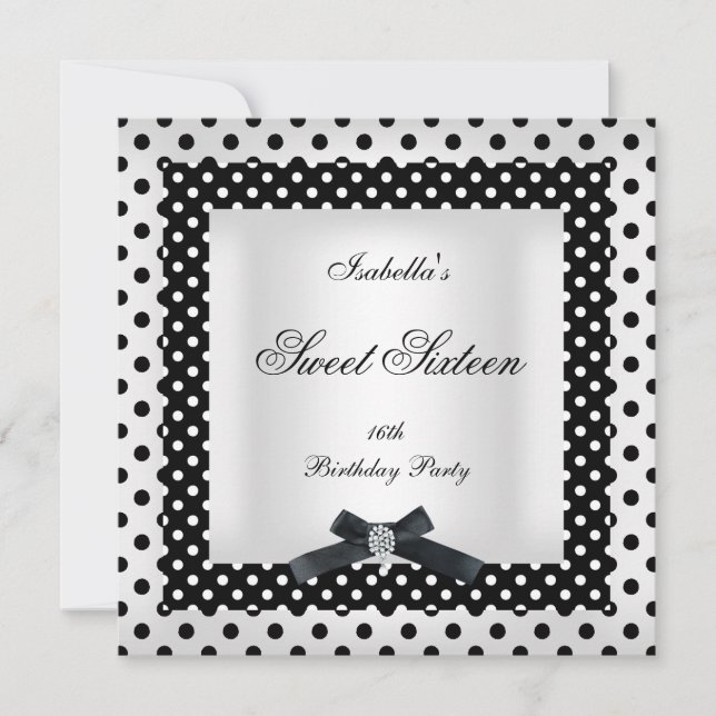 Invitación Cumpleaños Dulces Dieciséis 16 Lunares Negros Blan (Anverso)