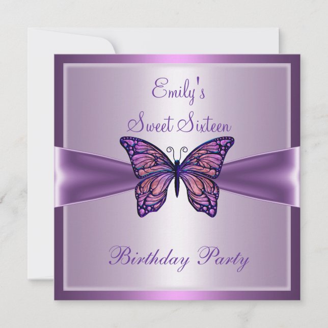 Invitación Cumpleaños Dulces Dieciséis 16 Mariposa Morado Mal (Anverso)