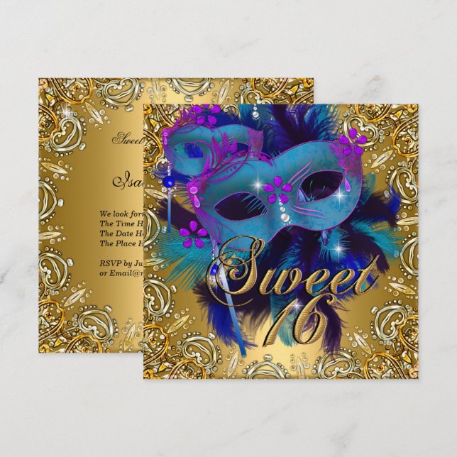 Invitación Cumpleaños Dulces Dieciséis 16 Mascarada Azul Dora (Anverso / Reverso)