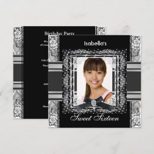 Invitación Cumpleaños Dulces Dieciséis 16 Negro Blanco Plata