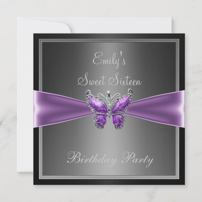 Invitación Cumpleaños Dulces Dieciséis 16 Negro Gris Morado M (Anverso)
