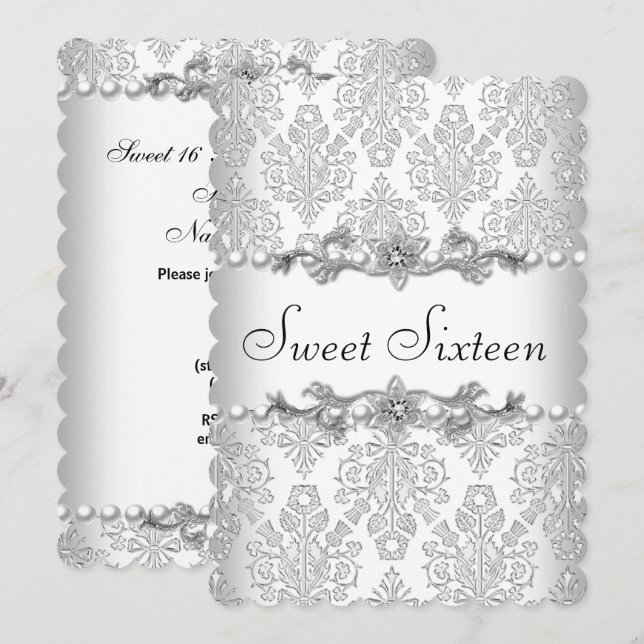 Invitación Cumpleaños Dulces Dieciséis 16 Perla Blanca 3 (Anverso / Reverso)
