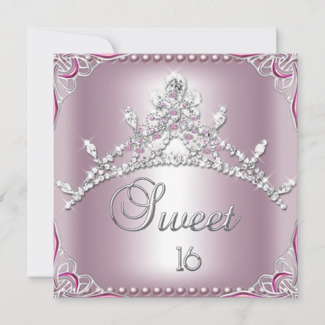 Invitación Cumpleaños Dulces Dieciséis 16 Plateado Rosa Blanc (Anverso)