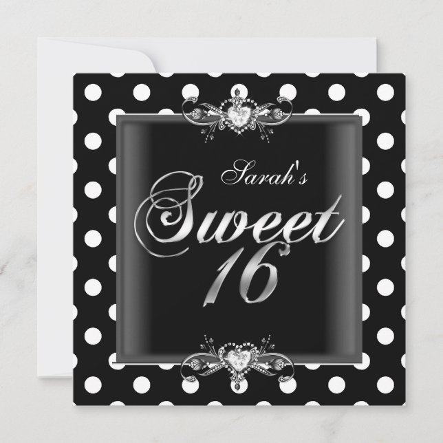 Invitación Cumpleaños Dulces Dieciséis 16 Puntos Negros y Bla (Anverso)