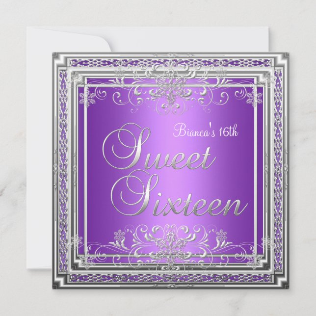 Invitación Cumpleaños Dulces Dieciséis 16 Purpura Plata Adole (Anverso)