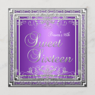 Invitación Cumpleaños Dulces Dieciséis 16 Purpura Plata Adole