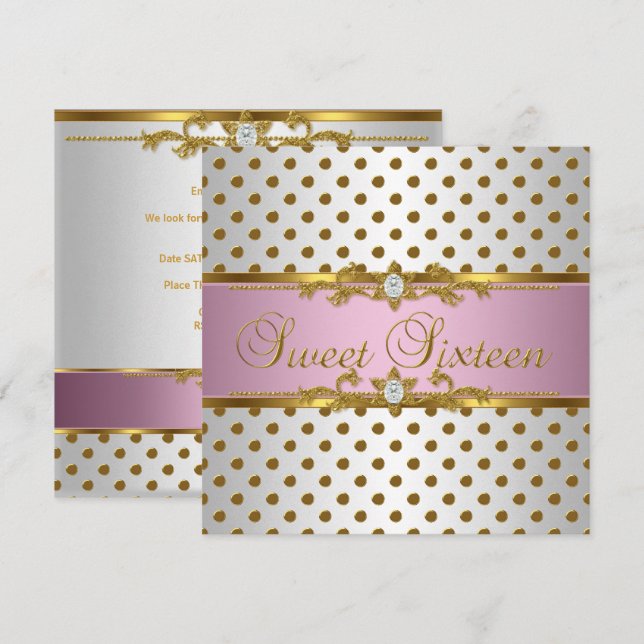 Invitación Cumpleaños Dulces Dieciséis 16 Rosa Blanco Mancha  (Anverso / Reverso)