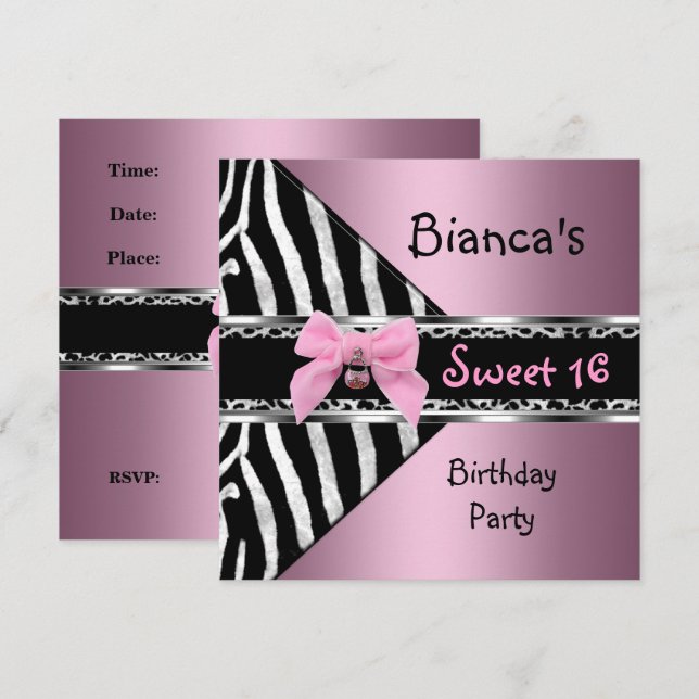 Invitación Cumpleaños Dulces Dieciséis 16 Rosa Plata Negro Ce (Anverso / Reverso)