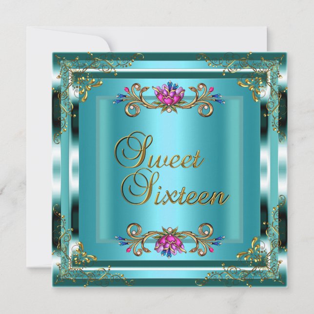 Invitación Cumpleaños Dulces Dieciséis 16 Teal Azul Oro Flora (Anverso)