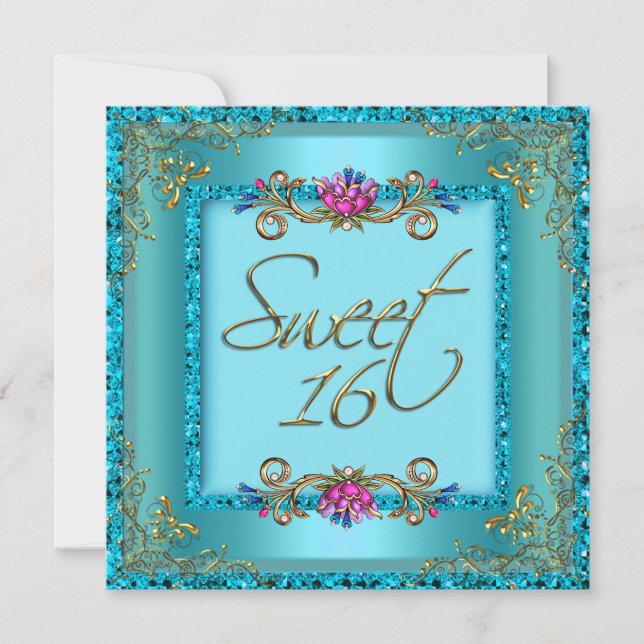 Invitación Cumpleaños Dulces Dieciséis 16 Teal Azul Oro Flora (Anverso)