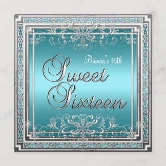 Invitación Cumpleaños Dulces Dieciséis Azul Teal Plata Adoles