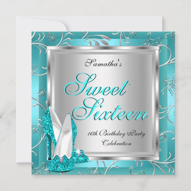 Invitación Cumpleaños Dulces Dieciséis Azul Teal Plateado Bla (Anverso)