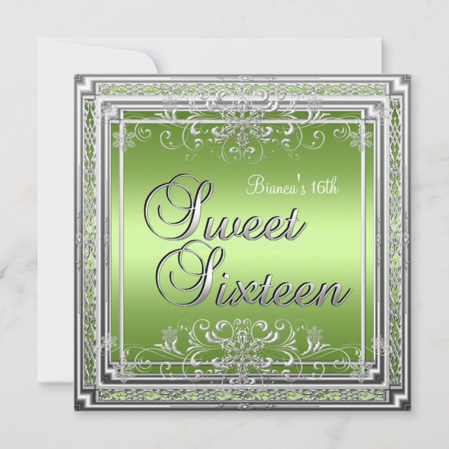Invitación Cumpleaños Dulces Dieciséis Brillante Verde Plata  (Anverso)