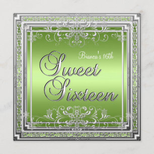 Invitación Cumpleaños Dulces Dieciséis Brillante Verde Plata 