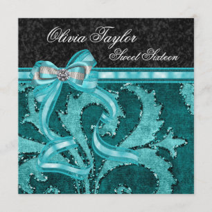 Invitación Cumpleaños Dulces Dieciséis Brillo Verde Jade Negr