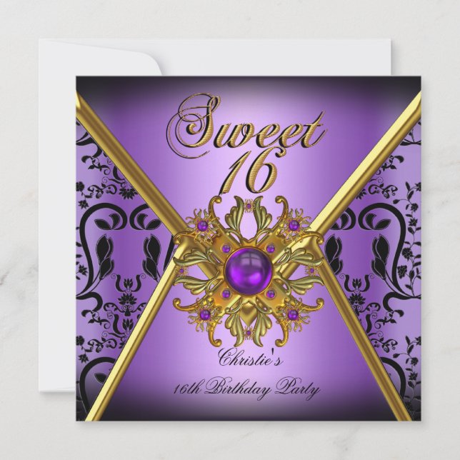 Invitación Cumpleaños Dulces Dieciséis Damasco Púrpura Dorado (Anverso)