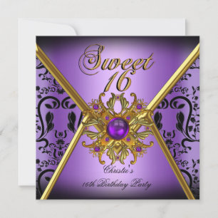 Invitación Cumpleaños Dulces Dieciséis Damasco Púrpura Dorado
