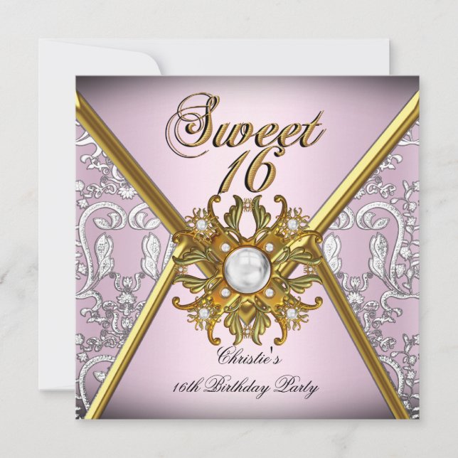 Invitación Cumpleaños Dulces Dieciséis Damask Rosa Oro Blanco (Anverso)