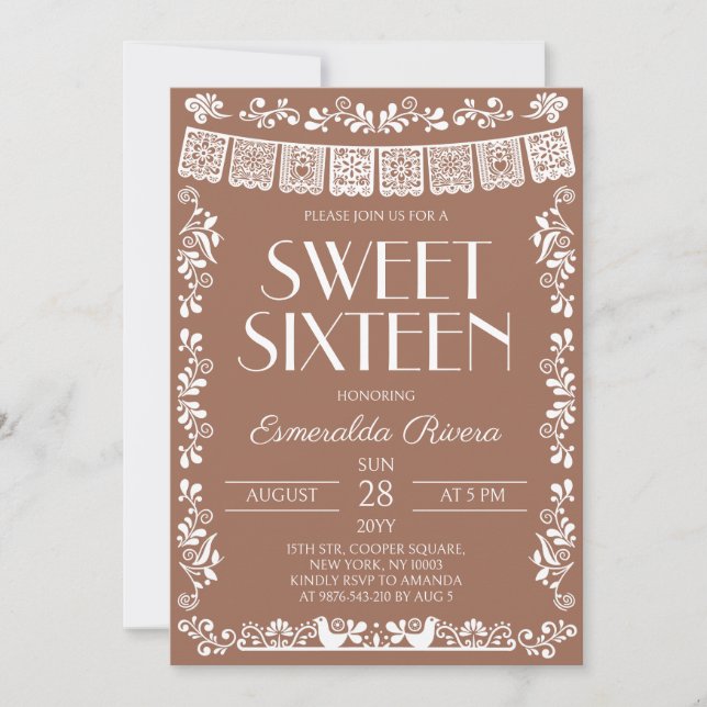 Invitación Cumpleaños Dulces Dieciséis de Terracota Papel Pic (Anverso)