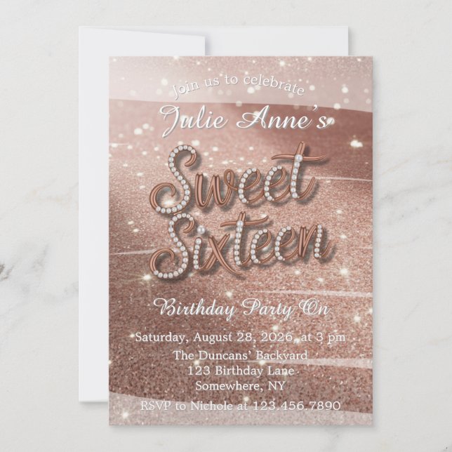 Invitación Cumpleaños Dulces Dieciséis en Rosa Dorado y Perla (Anverso)
