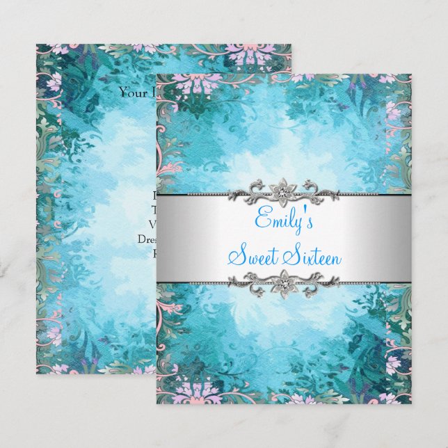 Invitación Cumpleaños Dulces Dieciséis Floral Azul con Plata (Anverso / Reverso)