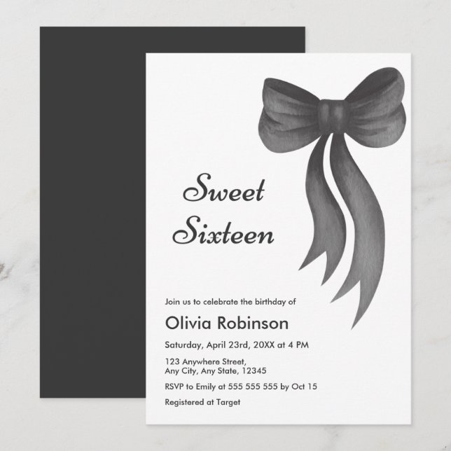 Invitación Cumpleaños Dulces Dieciséis Lazo Negro (Anverso / Reverso)
