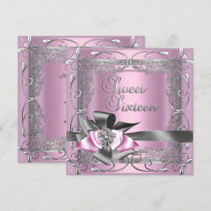 Invitación Cumpleaños Dulces Dieciséis Lazo Rosa Claro Gris P