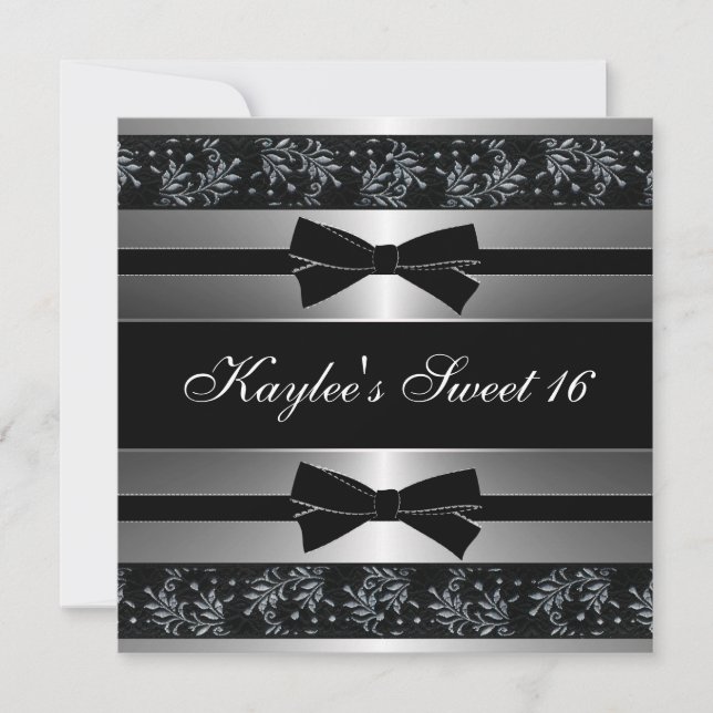 Invitación Cumpleaños Dulces Dieciséis Lazos Negros Blancos (Anverso)