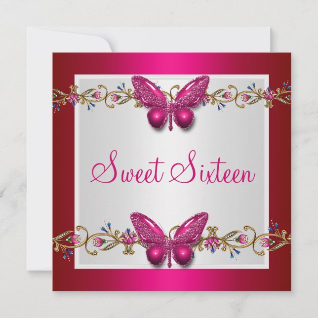 Invitación Cumpleaños Dulces Dieciséis Mariposa Fushia (Anverso)