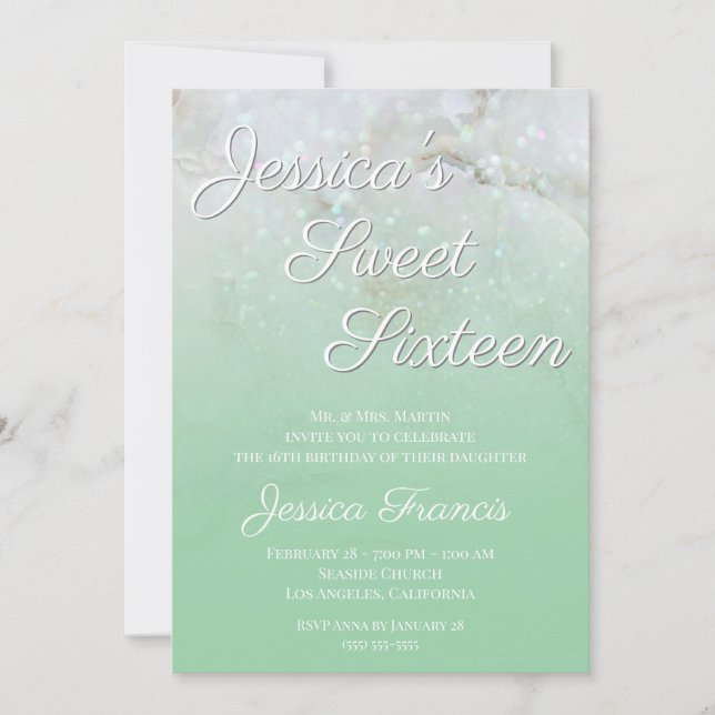 Invitación Cumpleaños Dulces Dieciséis Mármol Brillante Verde (Anverso)