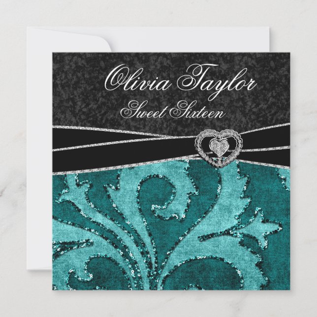 Invitación Cumpleaños Dulces Dieciséis Negro Jade Verde Brill (Anverso)