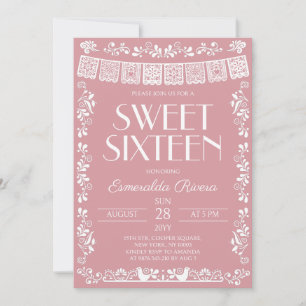 Invitación Cumpleaños Dulces Dieciséis Papel Picado Rosa Clar