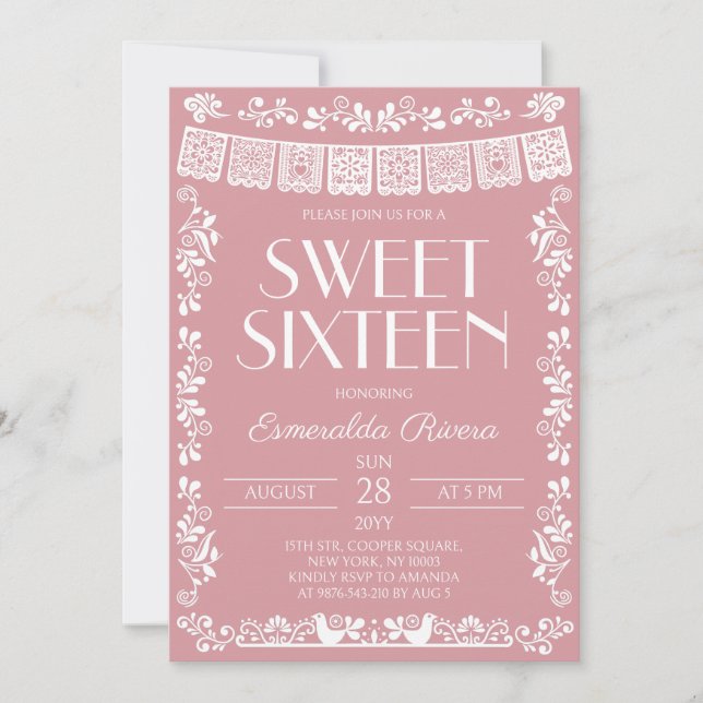 Invitación Cumpleaños Dulces Dieciséis Papel Picado Rosa Clar (Anverso)