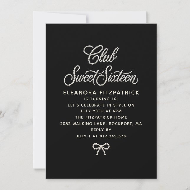 Invitación Cumpleaños Dulces Dieciséis Perla Negra Blanca Esc (Anverso)