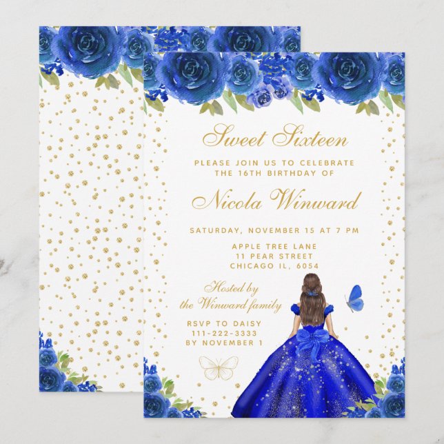 Invitación Cumpleaños Dulces Dieciséis Princesa Cabello Moren (Anverso / Reverso)