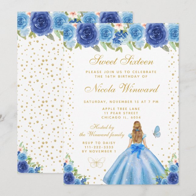 Invitación Cumpleaños Dulces Dieciséis Princesa Cabello Rubio (Anverso / Reverso)