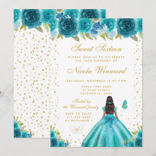 Invitación Cumpleaños Dulces Dieciséis Princesa Piel Oscura F