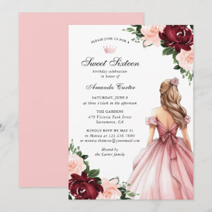 Invitación Cumpleaños Dulces Dieciséis Rosa Burdeos Floral