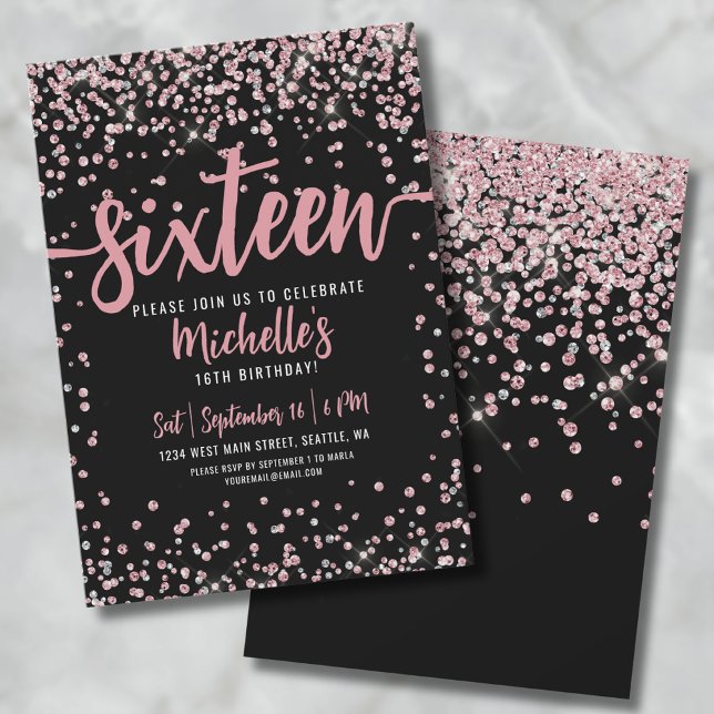 Invitación Cumpleaños Dulces Dieciséis Rosa Dorado Brillante  (16th Rose Gold Glitter Sweet Sixteen Birthday Invitation)
