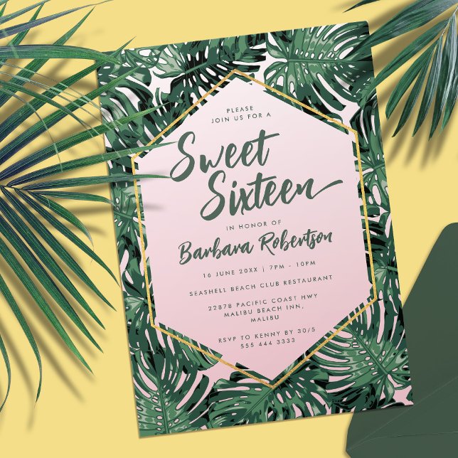 Invitación Cumpleaños Dulces Dieciséis Rosa Verde Verano Trop (Tropical Summer Blush Pink Green Sweet Sixteen Invitation)