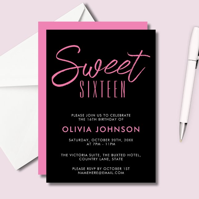 Invitación Cumpleaños Dulces Dieciséis Rosa y Negro (Sweet Sixteen 16th Sixteenth girls birthday party
invitations in black and pink.  See full range.)