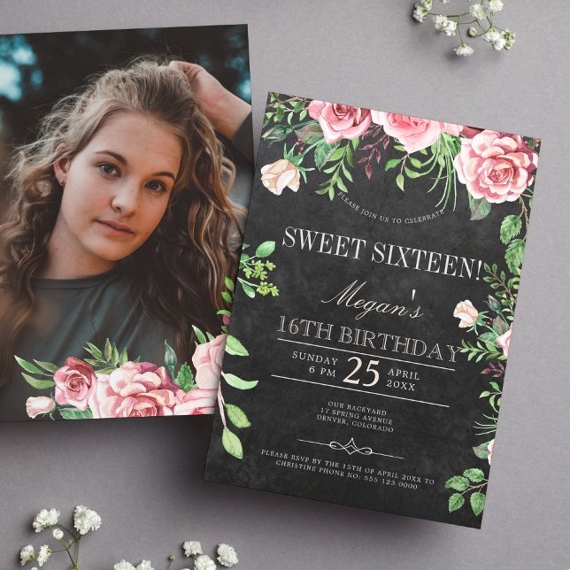 Invitación Cumpleaños Dulces Dieciséis Rosas Rosadas Pizarra  (Subido por el creador)