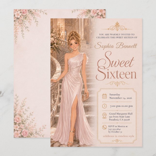 Invitación Cumpleaños Dulces Dieciséis Salón de Baile Rosa (Anverso / Reverso)