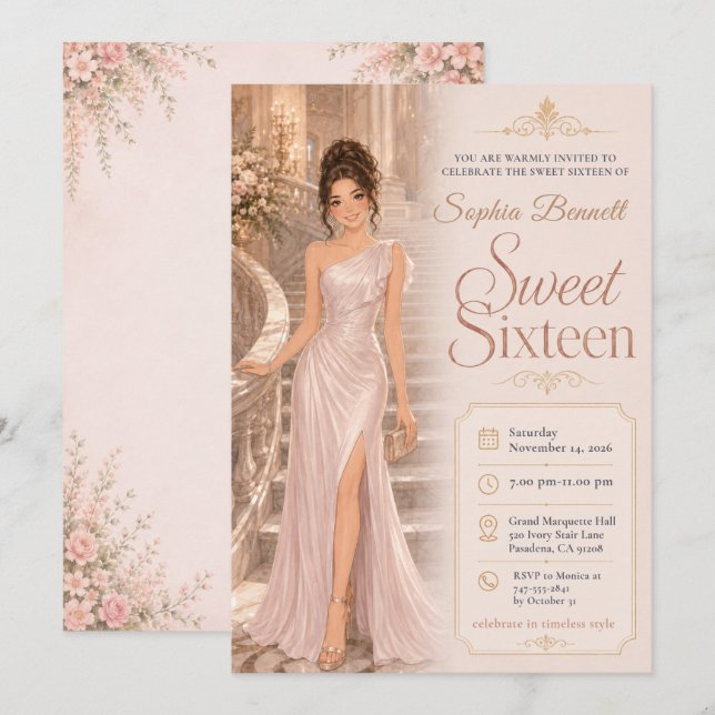 Invitación Cumpleaños Dulces Dieciséis Salón de Baile Rosa (Anverso / Reverso)