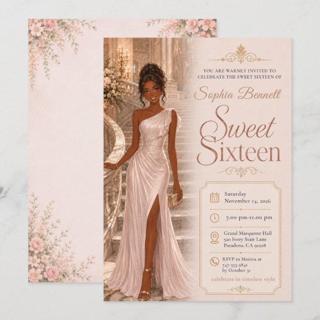 Invitación Cumpleaños Dulces Dieciséis Salón de Baile Rosa (Anverso / Reverso)