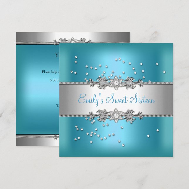 Invitación Cumpleaños Dulces Dieciséis Turquesa Azul Plata Di (Anverso / Reverso)