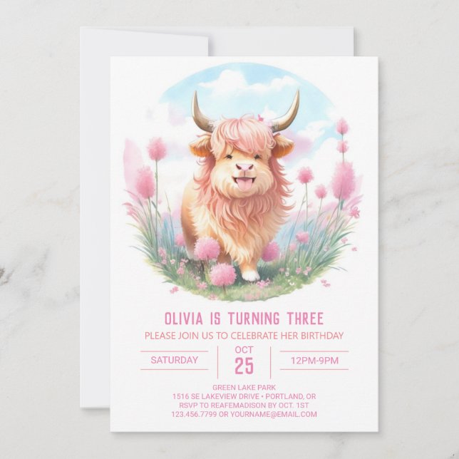Invitación Cumpleaños Editable Brown Highland Cow (Anverso)