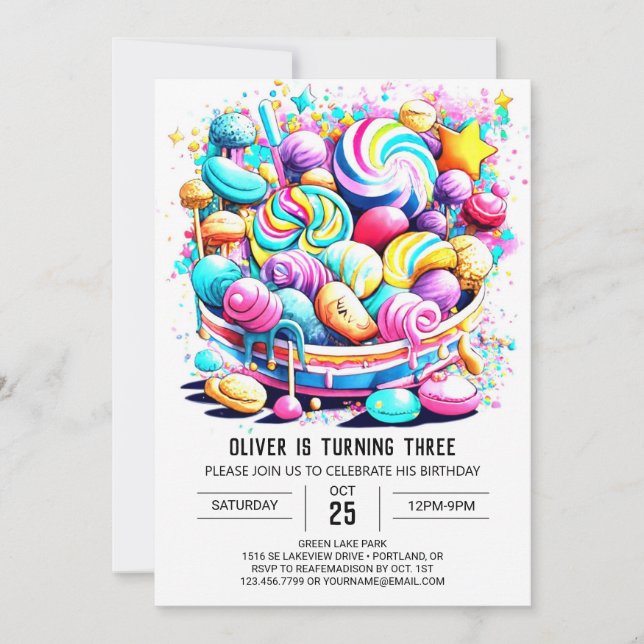 Invitación Cumpleaños editable con golosinas arcoiris (Anverso)