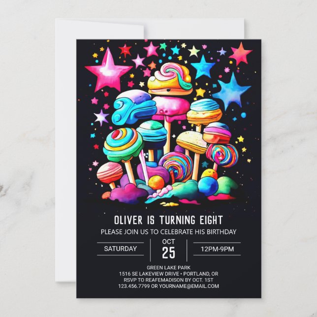 Invitación Cumpleaños editable de Candyland (Anverso)